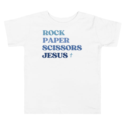 Rock, Paper, Scissors, Jesus Toddler Tee [BLUE]